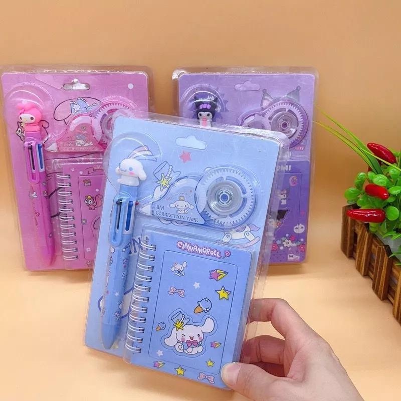 

Set Perlengkapan Alat Tulis Karakter Pulpen + Correction Tape + Notebook Mini Kuromi Cinnamoroll My Melody