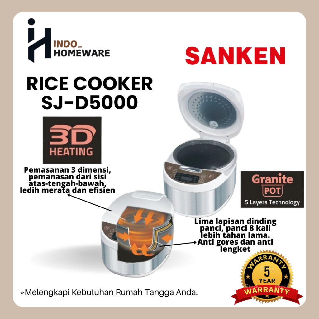 Sanken SJ-D5000 Rice Cooker Magic Com Putih 1.8 Liter