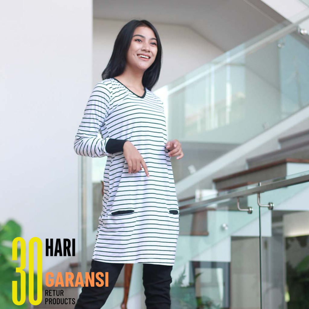 Baju Atasan Tunik Kaos Wanita Lengan Panjang Fashion Muslim Cewek Motif Garis Hitam Putih