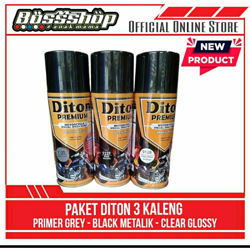 DITON | PAKET DITON PREMIUM 3 KALENG - EPOXY PRIMER GREY + BLACK METALIK + CLEAR GLOSSY