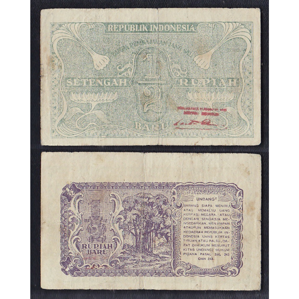 Uang kuno ½ (setengah) rupiah tahun 1949 ORI-baru #variasi hijau dengan cap merah