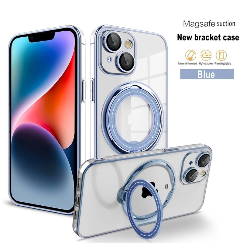 Magsafe Case Magnetik Kick Stand 360 Ring Silicone SoftCase For iphone 14 Plus - iphone 15 Plus CLEA