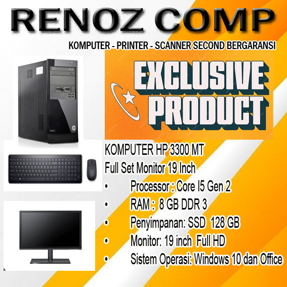 Komputer  Full Set HP PRO 3330 MT Core i5 Gen 2  Ram 8 GB SSD 128 GB Win 10 dan Office Garansi 1 Bul