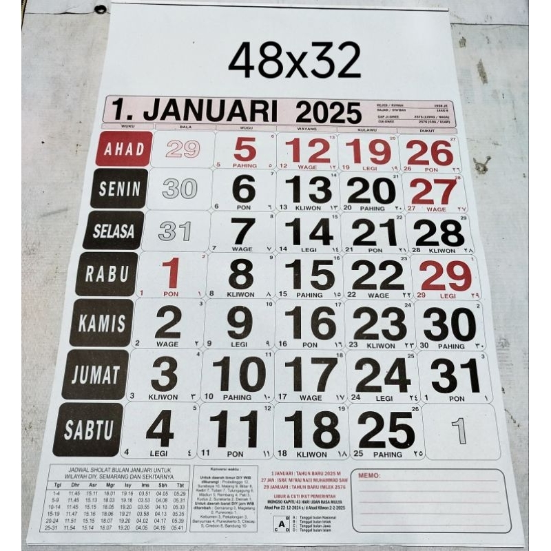 

Kalender Dinding Almanak 2025 Ukur 32 x 48 Isi 12 Lembar