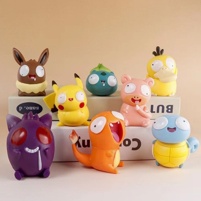 8 pcs Action Figure Pokemon funny face pikachu eevee gengar charmander bulbasaur - Mainan Koleksi  a