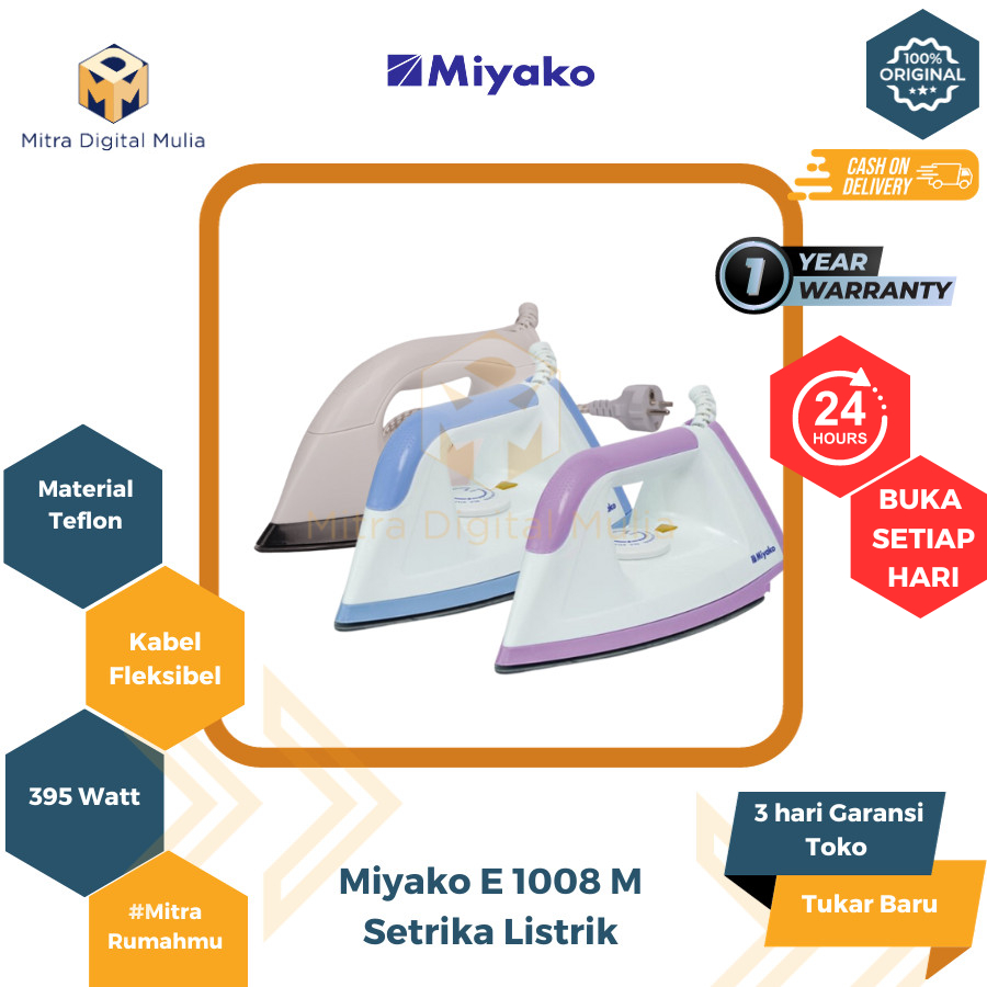 Miyako EI1008M Setrika Listrik 395W Alas Anti Lengket Soleplate Non Stick Lapisan Teflon Pelindung K