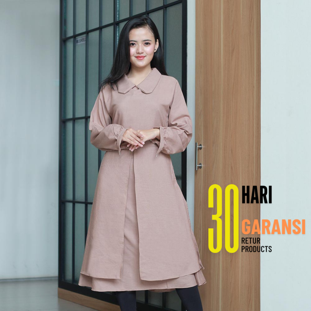 Baju Atasan Dress Tunik Wanita Lengan Panjang Muslimah Warna Coklat Brown