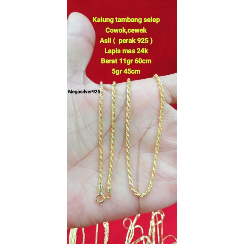 kalung tambang asli perak 925 lapis mas 24k