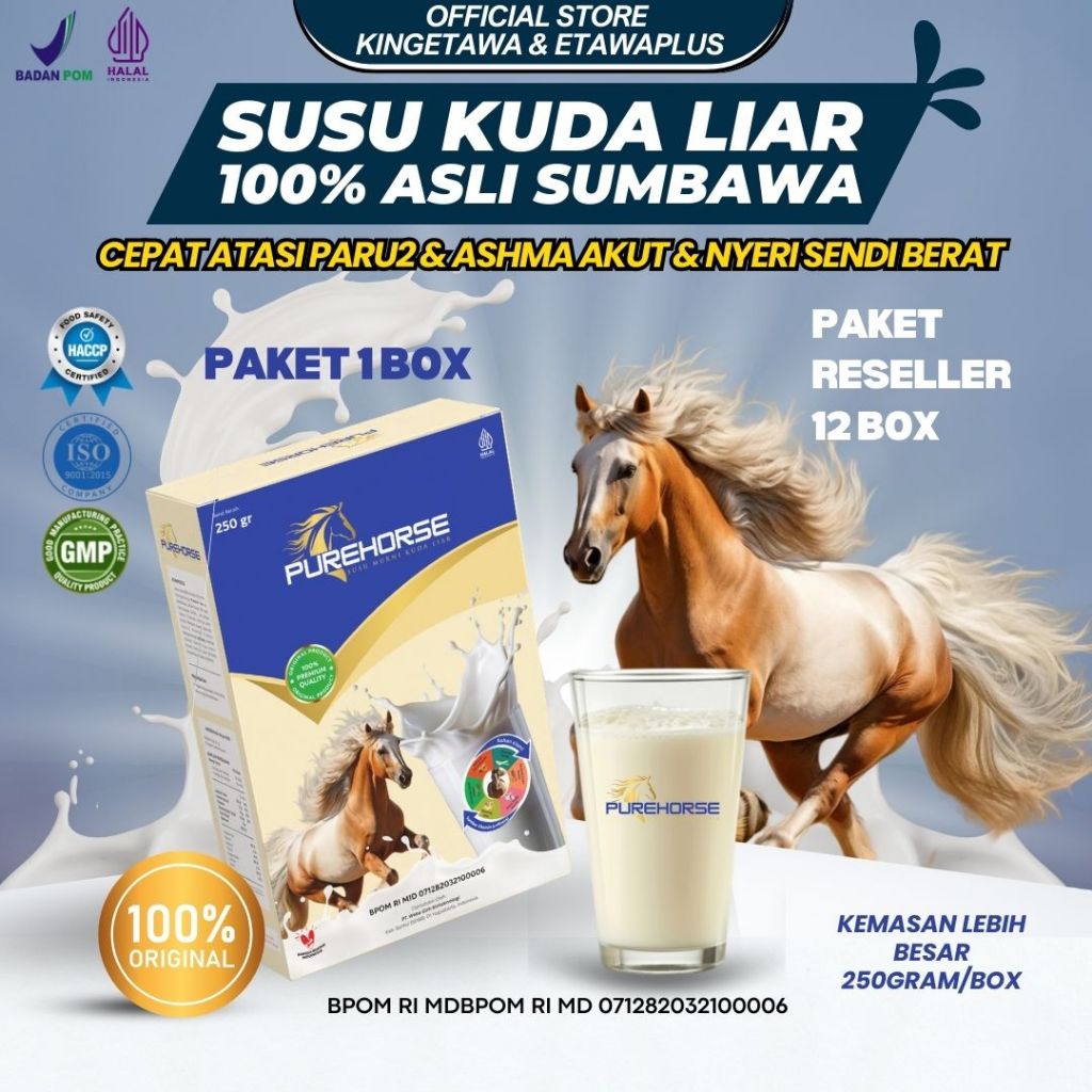 

Susu Kuda Pure Horse Untuk Kesehatan Pernafasan dan Rematik Paket Reseller 12 Box