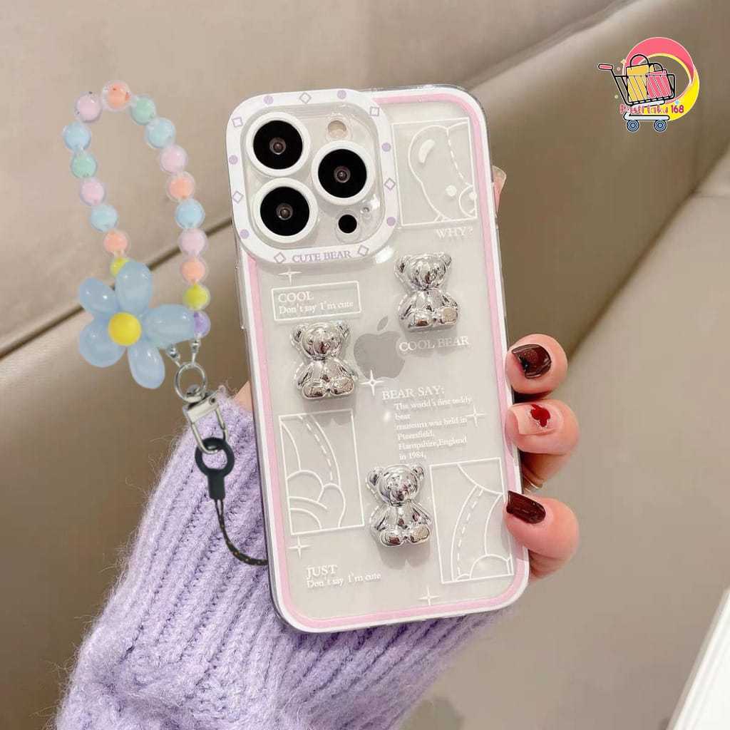 GL061 Softcase Casing Hp 3D Silver Bear Aesthetic With Charm Compatible For Oppo A3S A1K A5S A15 A16