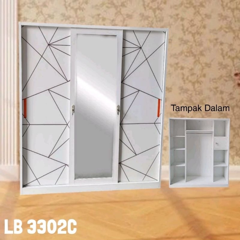 Lemari Pakaian Besi Sliding Geser Import 3 pintu Kaca Panjang LB 3330 LB 3318 Promo Murah