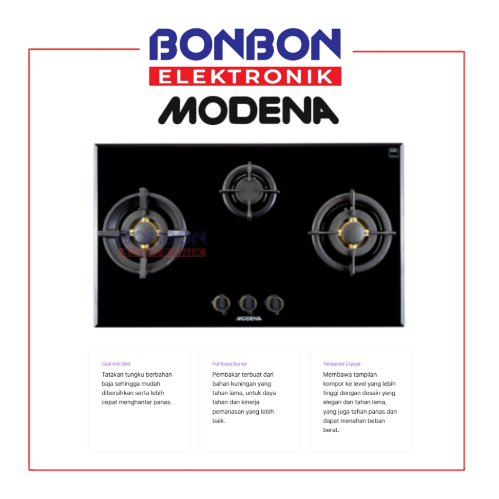 Modena Kompor Tanam Gas 3 Tungku BH 1935 LB / BH 1935LB / BH 1935 Gas Hob