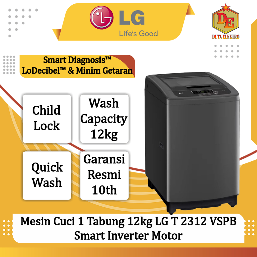 Mesin Cuci 1 Tabung 12kg LG T 2312 VSPB Smart Inverter Motor
