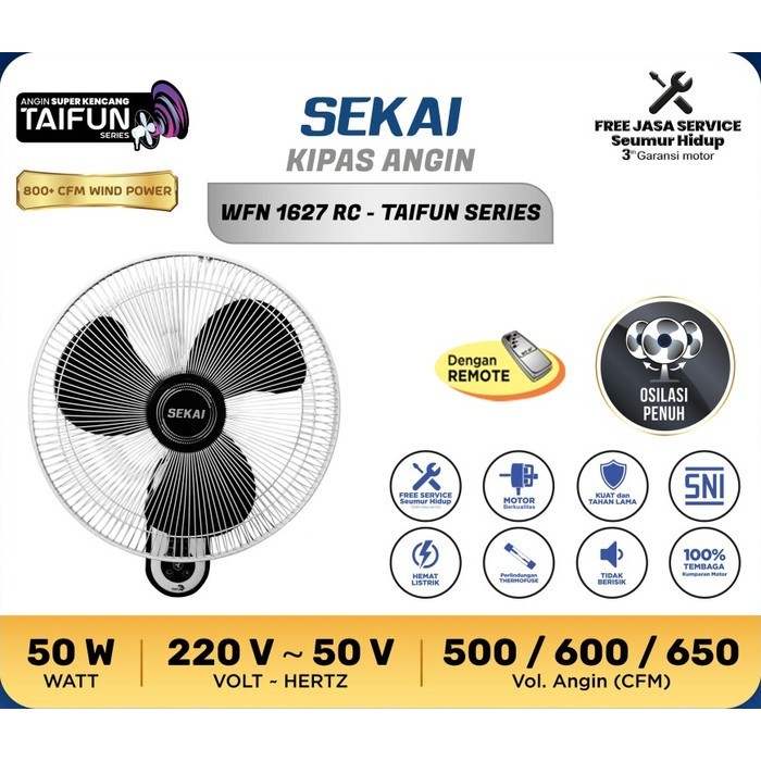 Sekai Kipas Angin Dinding Tembok Wall Fan 16 In Remot Dua Tali WFN 1627 RC WFN1627 RC WFN-1627 RC WF