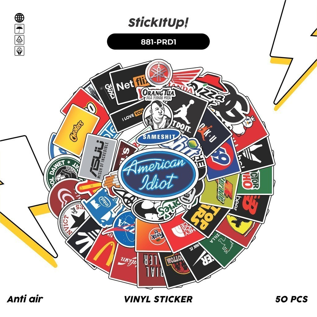 

COD✨ 50 PCS STIKER Aesthetic Logo Brand Parody Vinyl Waterproof Anti Air Untuk Stiker Helm Laptop Pack Sticker