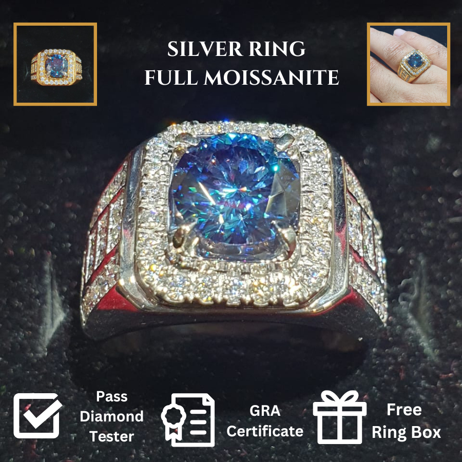 Cincin Perak Full Moissanite Premium Quality Blue Moissanite Silver Ring