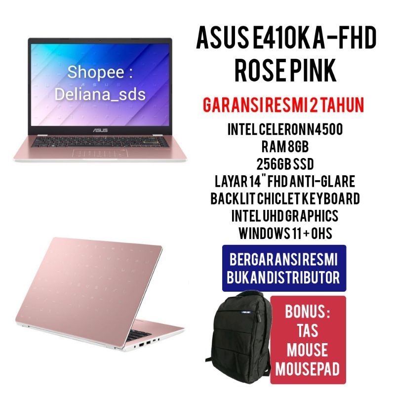 Laptop Asus Vivobook E410KA-FHD Pink Intel Celeron N4500 8GB/256GB SSD 14" FHD Garansi Resmi 2 Tahun