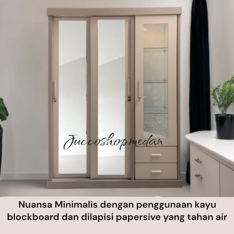 [ JUCCO ] Lemari Pakaian 2 pintu Sliding 150x200cm - Lemari Kayu 2 pintu sorong - Lemari Pakaian Tem