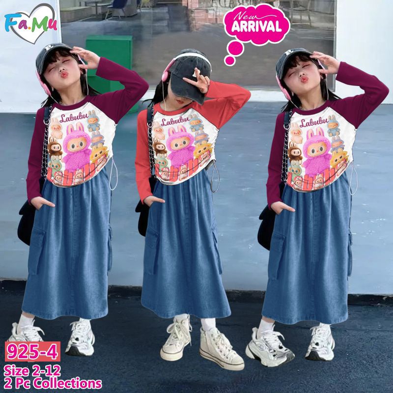 Baju labubu anak perempuan 2  tahun - 7 tahun setrok jins anak cewek kaos panjang little pineapple