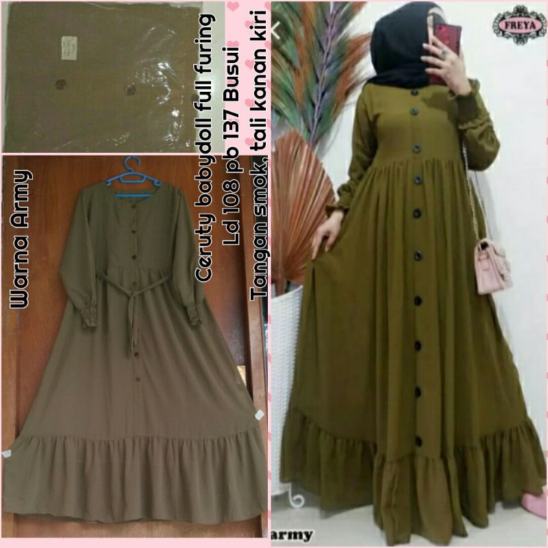 Gamis Ceruty Babydoll Polos/Gamis Kancing/Gamis Maroon/Gamis Army