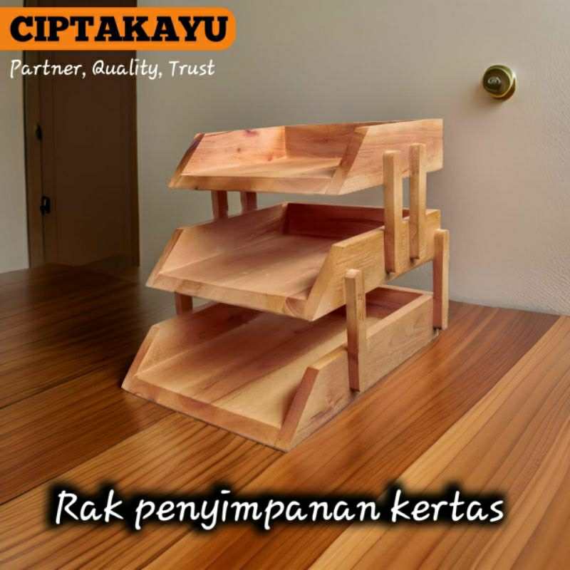 Rak penyimpanan kertas A4 / F4 | Wooden self 3 susun 34x26x6cm