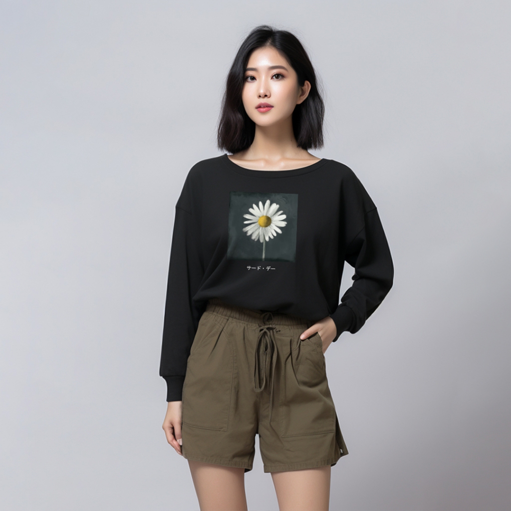 LTG10 Kaos Lengan Panjang Wanita Tshirt Hijab Instacool LV Bunga "Daisy Katakana" Hitam