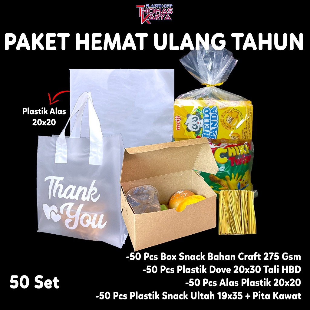 [PAKET ULTAH 50 ANAK] Softhandle Ulang Tahun 20x30 HAPPY BIRTHDAY / THANK YOU + Dus Nasi + OPP Snack