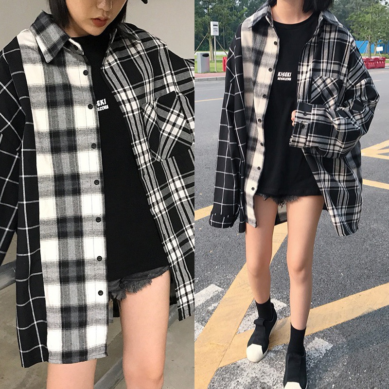 Kemeja Kotak-kotak Lengan Panjang Warna Senada Hitam Putih Baru Untuk Wanita/ Kemeja grid warna hita