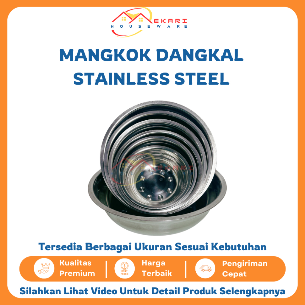 Baskom / Mangkok Stainless Steel Tebal Anti Panas / Wadah Makanan Dangkal Serbaguna