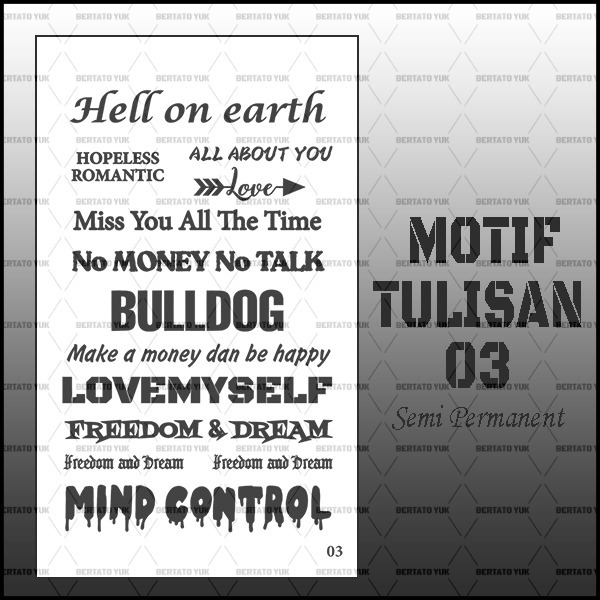 BERTATO-Stiker tato temporer semi permanen tahan lama anti air Kode tulisan-03 / Tato bentuk stiker 
