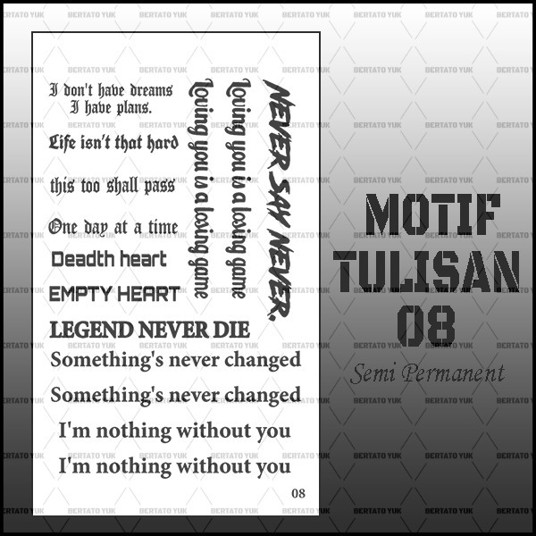 BERTATO-Stiker tato temporer semi permanen tahan lama anti air Kode tulisan-08 / Tato bentuk stiker 