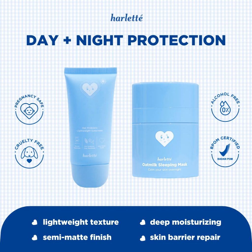 [2 PCS BUNDLING SUNSCREEN] Harlette Oat Probiotic Lightweight Sunscreen 40 g + Oatmilk Sleeping Mask
