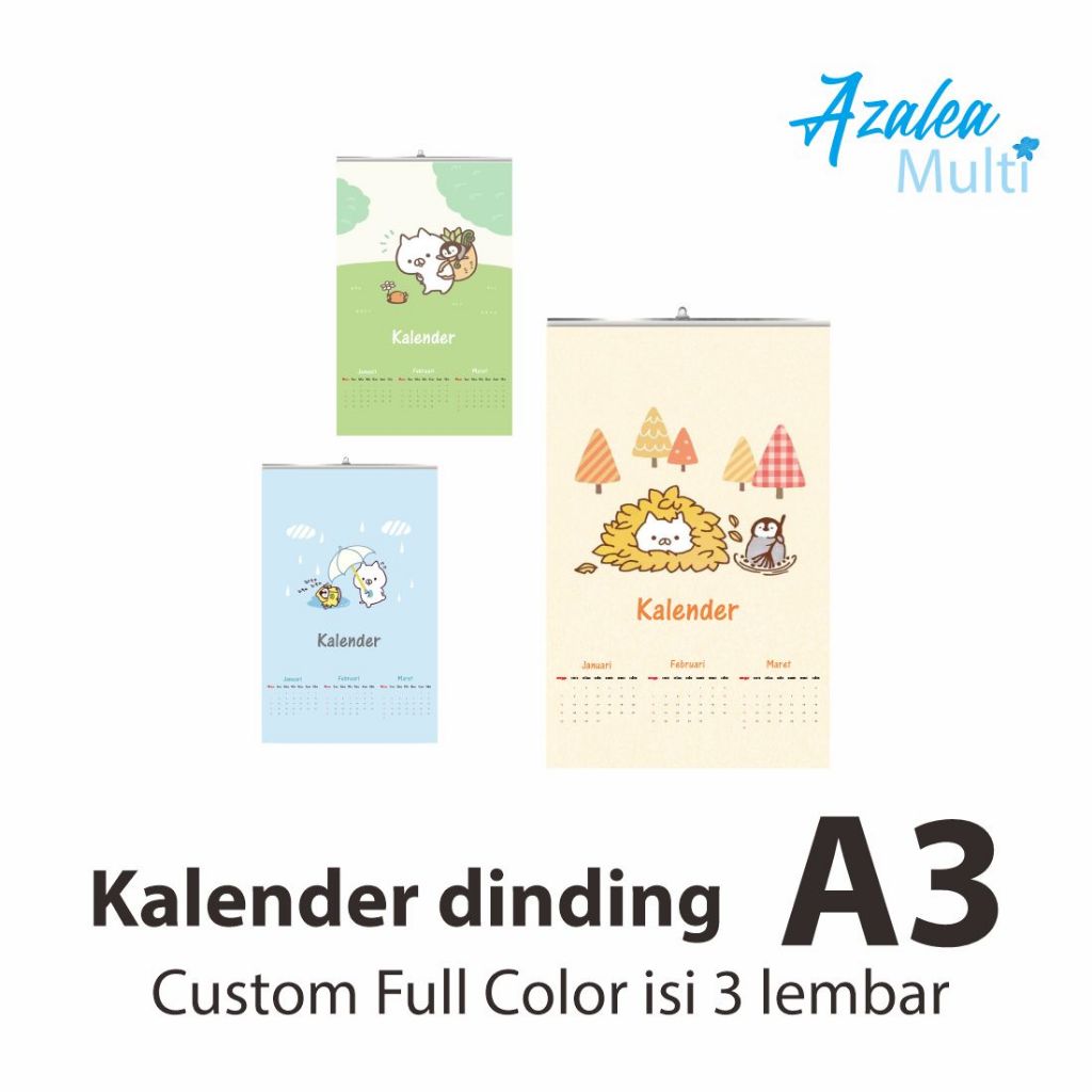 

Kalender dinding A3 Custom Full Color isi 3 lembar cetak Ukuran 30 x 45 cm jepit kaleng art paper 150gr