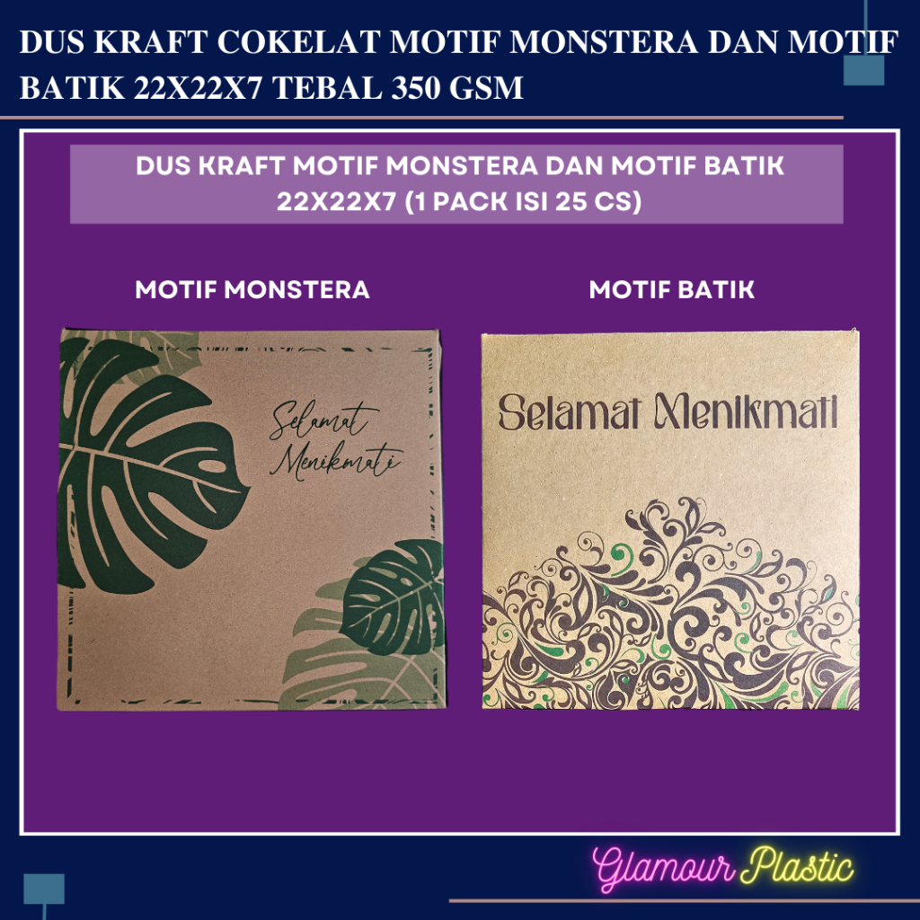 

Dus Cokelat Motif Monstera dan Motif Batik ukuran 22x22x7 (1 pack isi 25 pcs) (tebal 350 gsm)/dus kotak nasi/dus kue