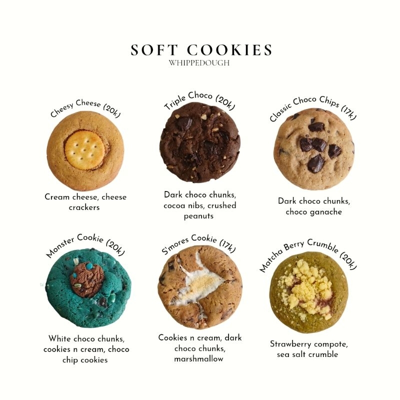 

Soft Cookies Chocolate Chip Cookie Red Velvet Cream Cheese WHIPPEDOUGH American Cookies Matcha Chocolate Crumble Strawberry S'mores Cookie Malang Surabaya Souvenir Nikah Kado