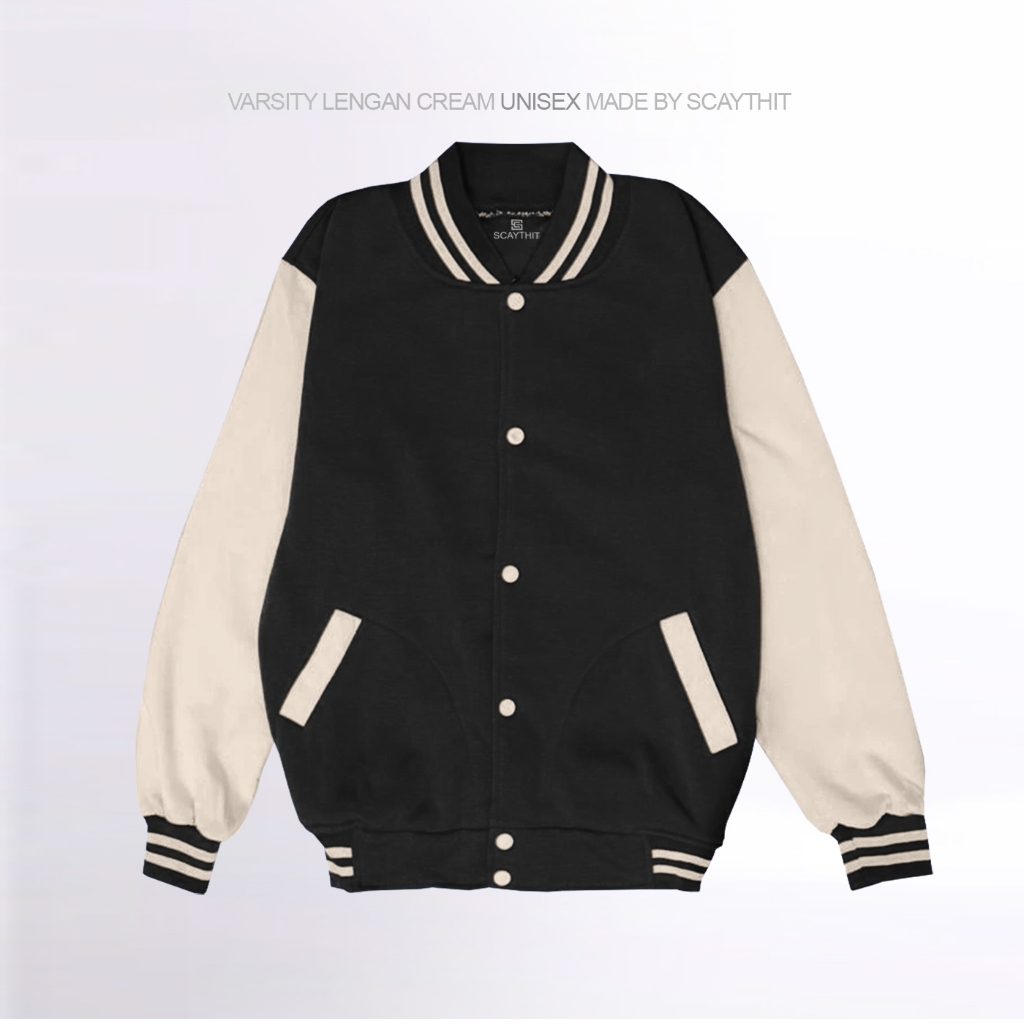 Scaythit - Jaket Varsity Kancing Distro Unisex Polos Keren Pria Lengan Cream