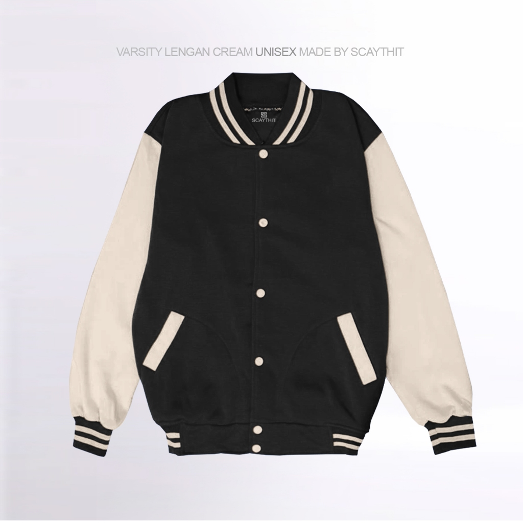 Scaythit - Jaket Varsity Kancing Distro Unisex Polos Keren Pria Lengan Cream