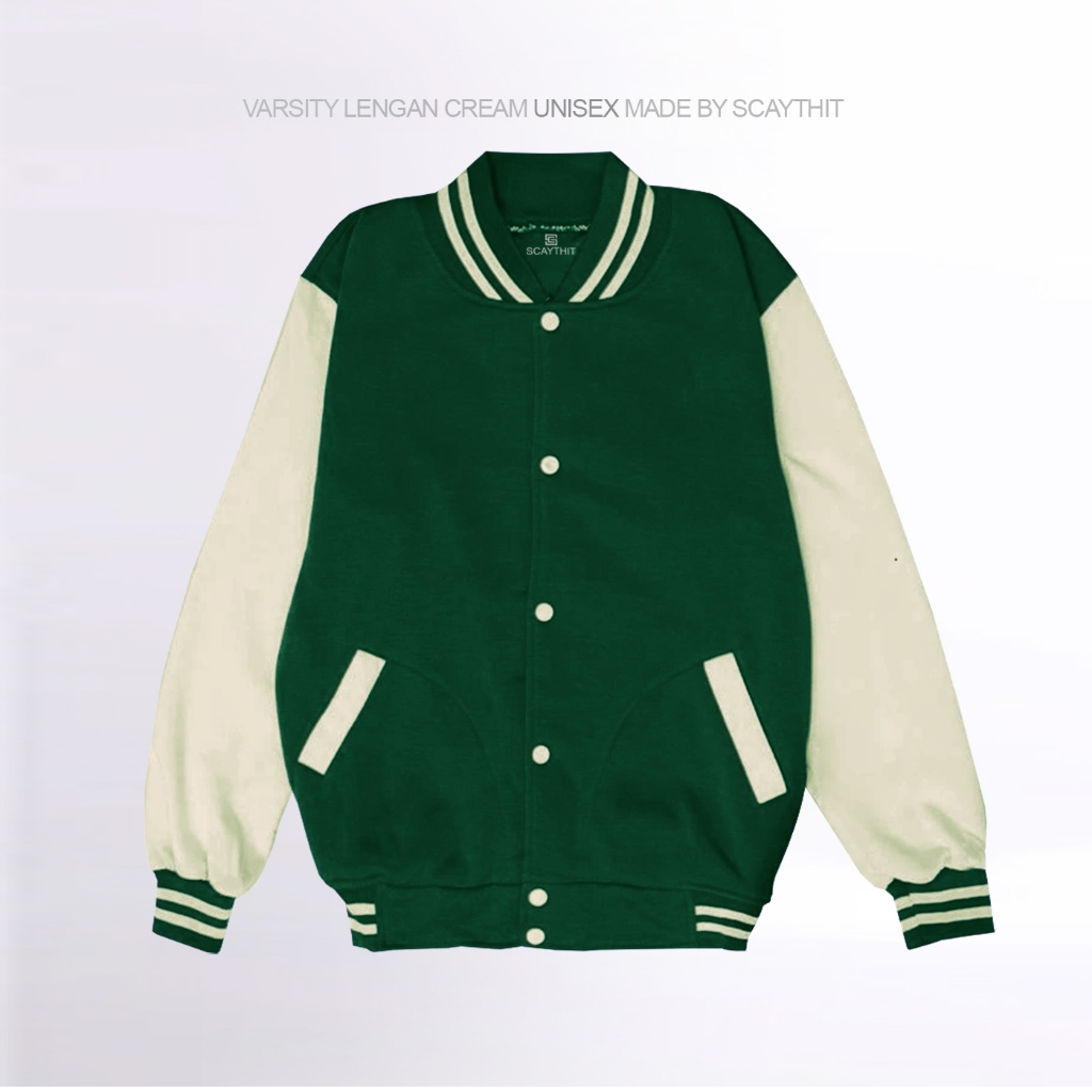 Scaythit - Jaket Varsity Kancing Distro Unisex Polos Keren Pria Botol Lengan Cream