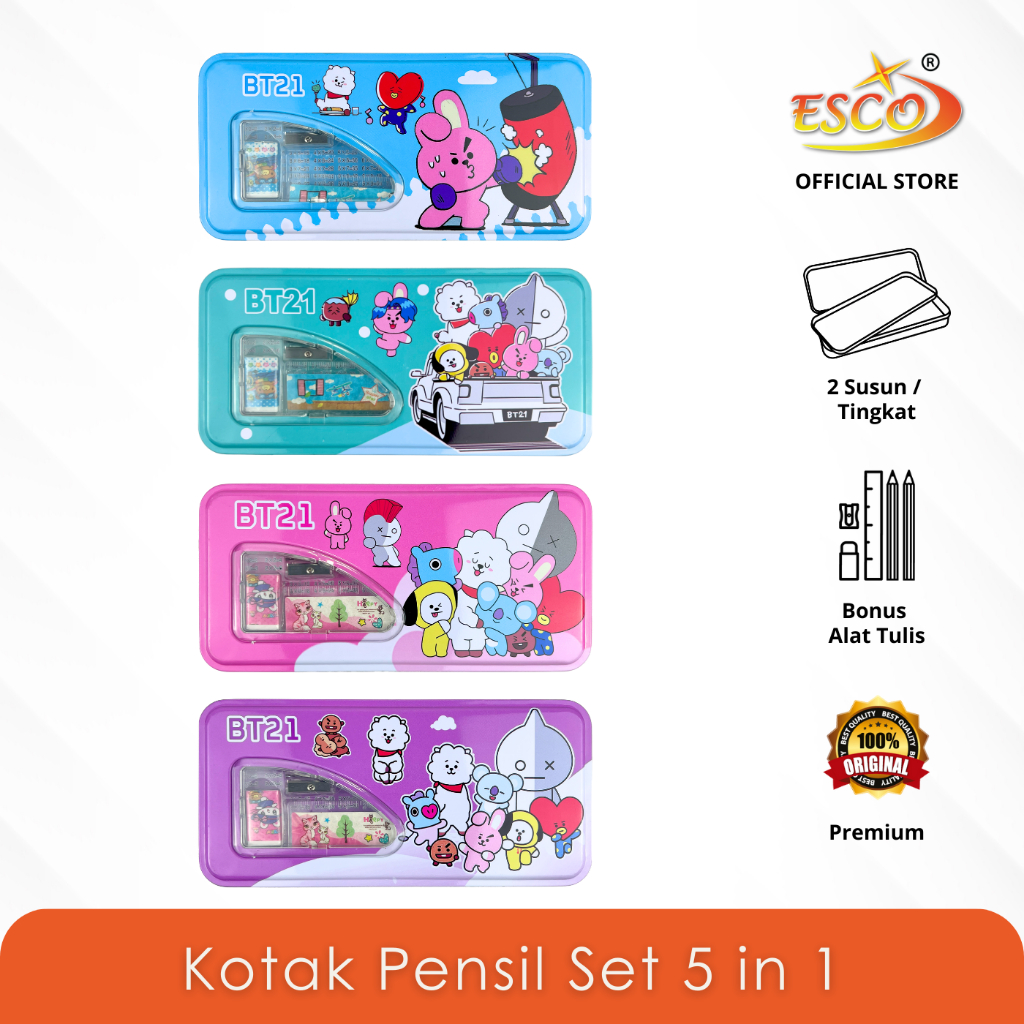 

ESCO Kotak Pensil Kaleng 2 Tingkat BT21 / Tempat Pensil Pena Fancy BT21 / Metal Pencil Case AD-118