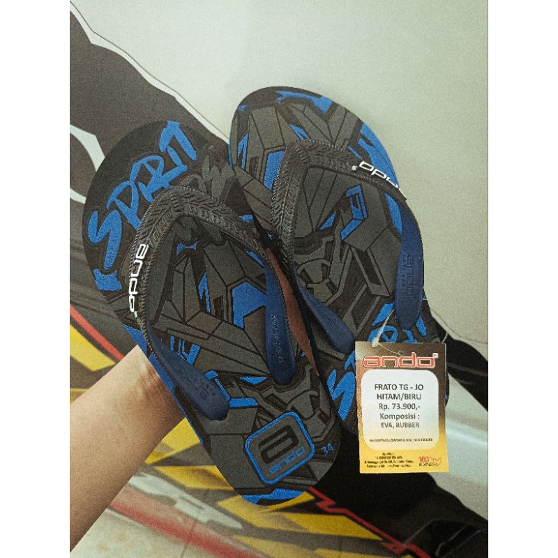 Ando Frato Tg Jo hitam biru sandal jepit anak tanggung