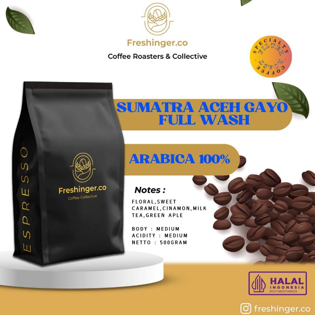 

Biji Kopi Arabika Sumatra Aceh Gayo Full Wash Classic BIJI/BUBUK (Specialty coffee) 500gram