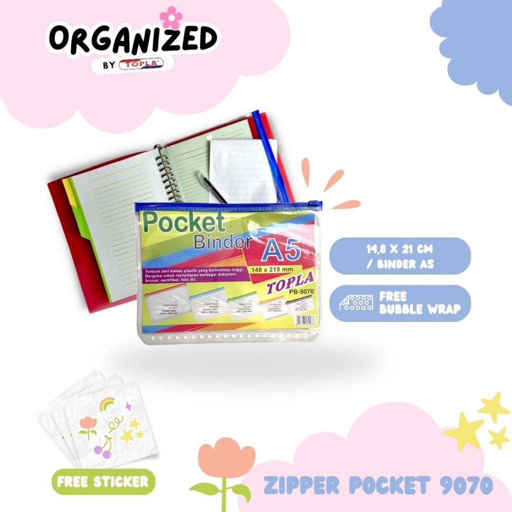 

Zipper Pocket Binder 9070 A5 20 Lubang ziplock binder tempat penyimpanan tambahan binder Topla