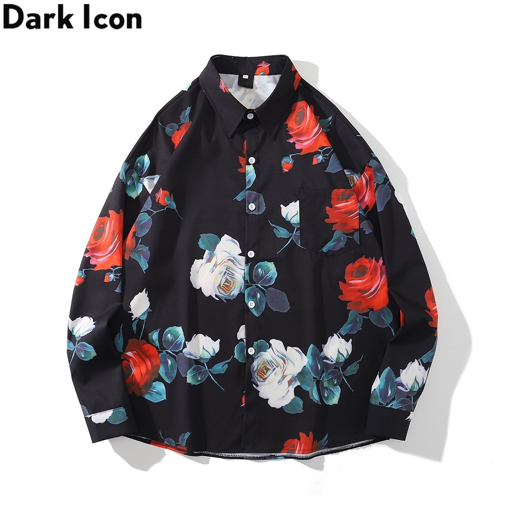 Dark Icon Kemeja Floral Pria Lengan Panjang Kemeja Pantai Hitam/Putih