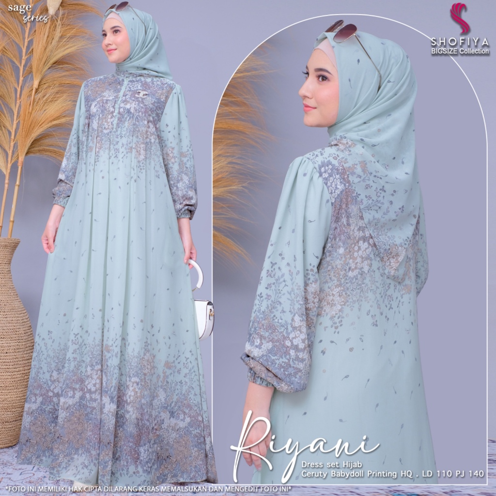 Riyani Gamis Motif Gradasi Ceruti set Hijab Maxi Dress Kondangan Muslim Terbaru 2025