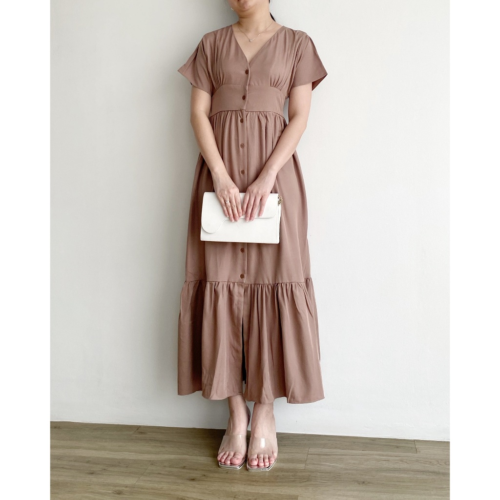 Godind.idn - Viona Long Dress V Neck Kancing Lengan Pendek / Dress Natal Premium