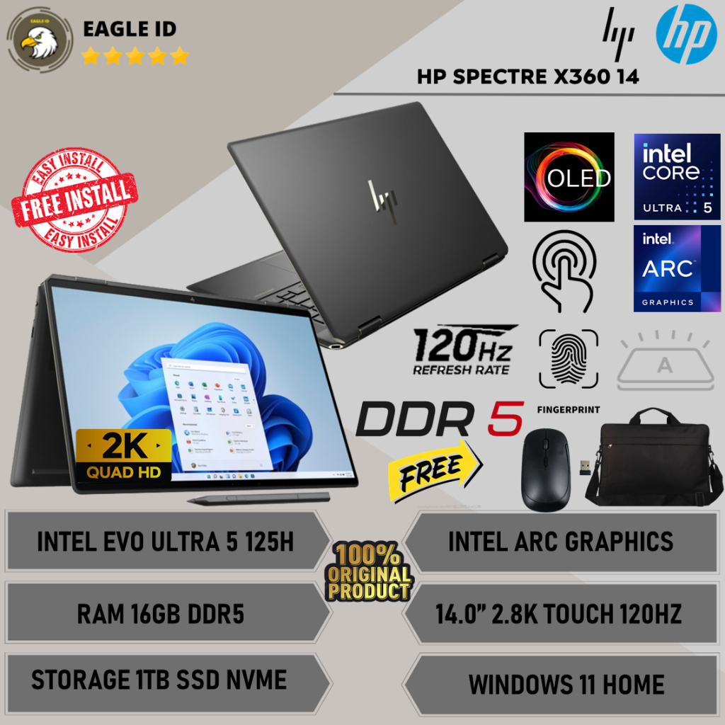 Laptop HP Spectre X360 Intel Evo Ultra 5 125H Ram 16GB DDR5 1TB SSD 14.0'' 2.8K OLED Touch Windows 1