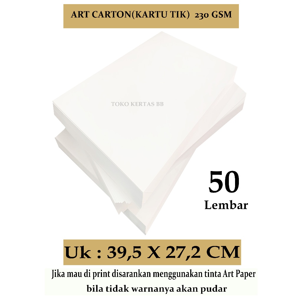 

ART CARTON ( KARTU TIK ) 230 GSM UKURAN 39,5 X 27,2 CM , ISI 50 LEMBAR