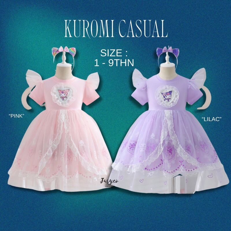 Kuromi Casual Lilac Pink Lace Dress/ Dress Anak Kartun Karakter