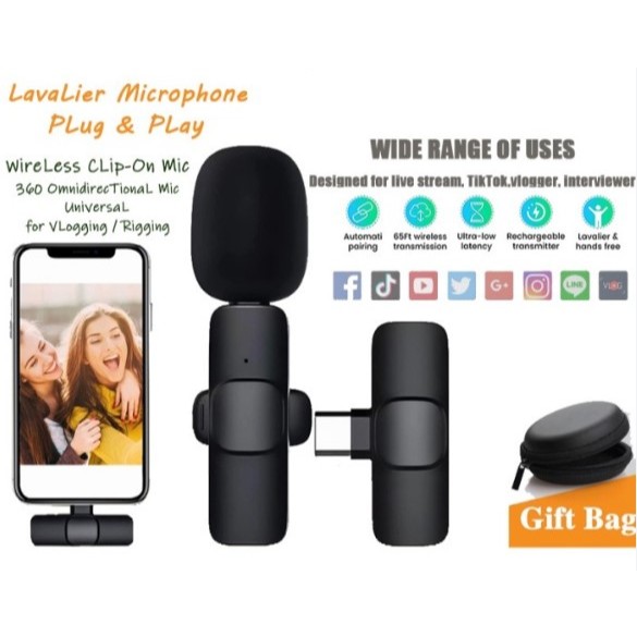 Topspot Mikrofon Nirkabel Lavalier Mic Portabel Audio Video pembuatan Rekaman Wireless Microphone HP