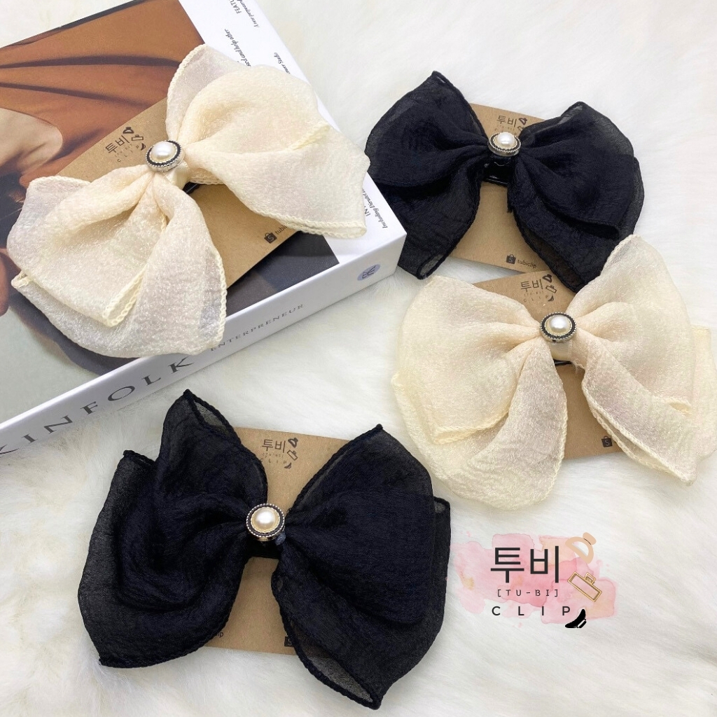 Tubi Clip -- Ga In Hair Clip Ribbon Pearl Kain Kasar Kaku Knot Kilat Besar / Jepit Rambut Model Pita